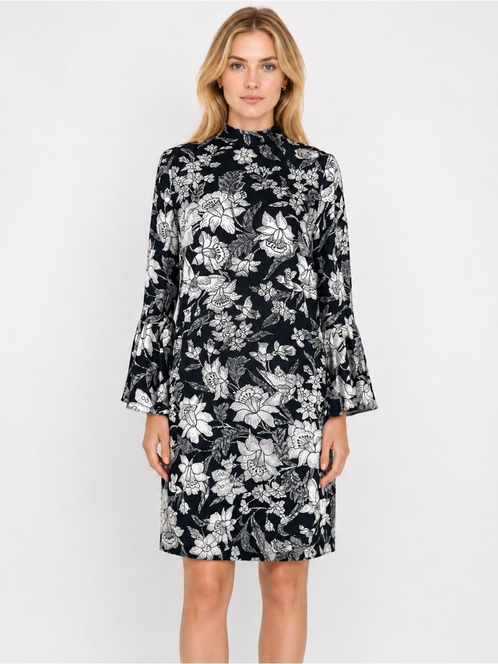 La DoubleJ Silk Floral Mock Neck Bell Sleeve Swing Dress S Italy